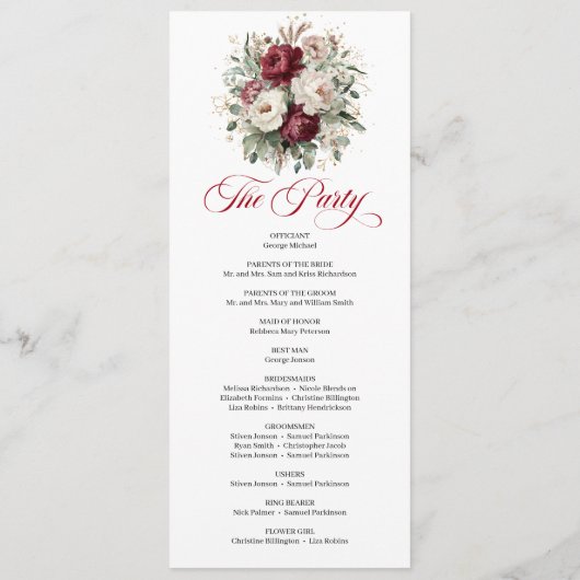 Moderne Blush-Burgunder-Gold-Hochzeitsprogramm Programm (Rückseite)