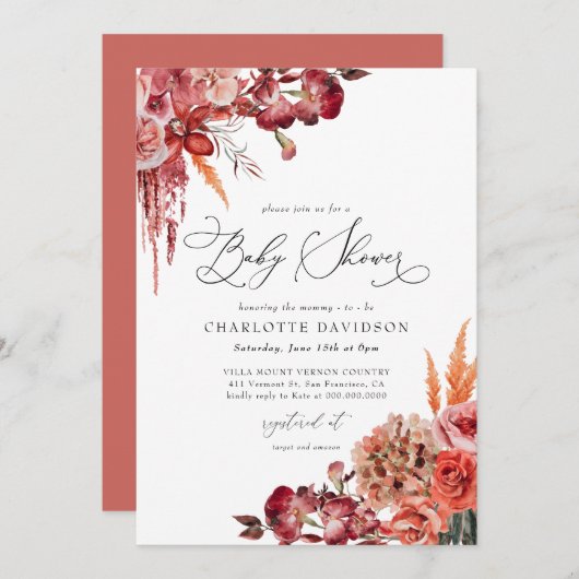 Moderne Blush Burgundy Floral Fall Girl Babydusche Einladung (Vorne/Hinten)