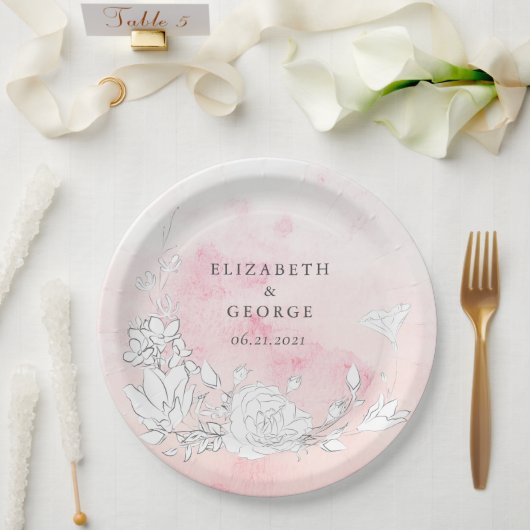 Moderne Blush Floral Monogram Wedding Pappteller (Hochzeit)