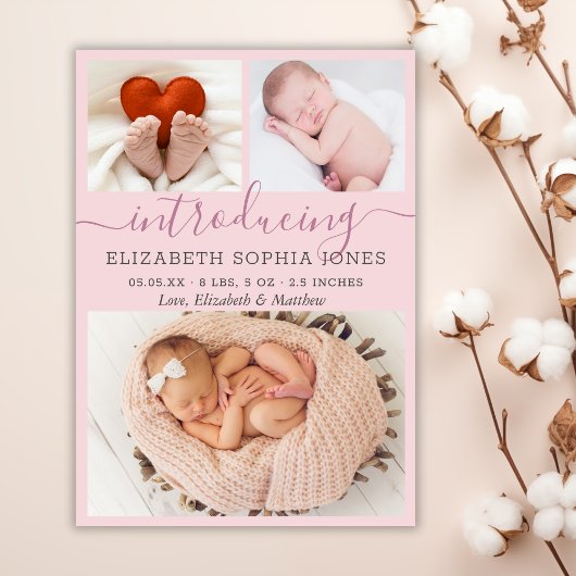Moderne Blush Girl Geburtshilfeverkündung Foto Col Ankündigung