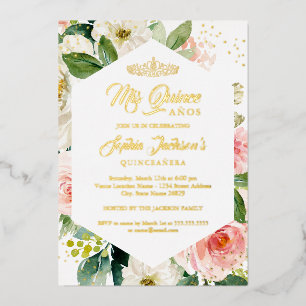 Moderne Blush Gold Aquarellfarben Quinceanera Folieneinladung