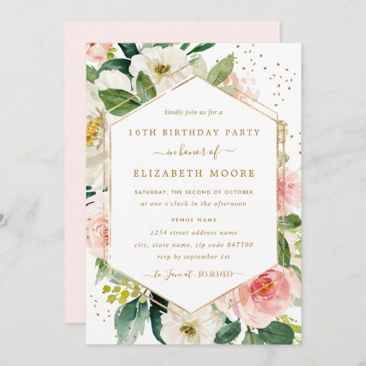 Moderne Blush Gold Floral 16. Geburtstag Einladung (Vorne/Hinten)