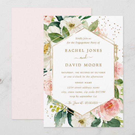 Moderne Blush Gold Floral Engagement Party einlade Einladung (Vorne/Hinten)