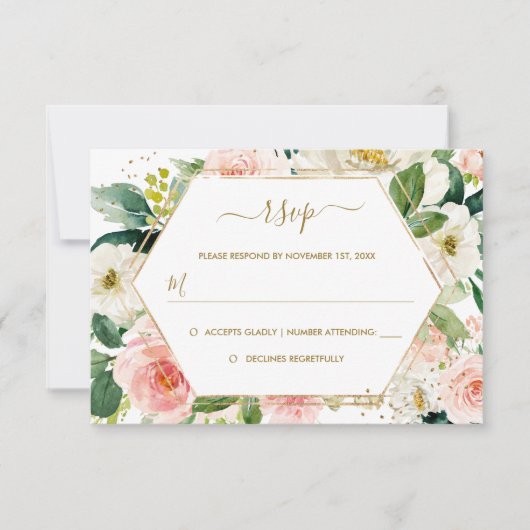 Moderne Blush Gold Floral Watercolor Hochzeit RSVP (Vorderseite)