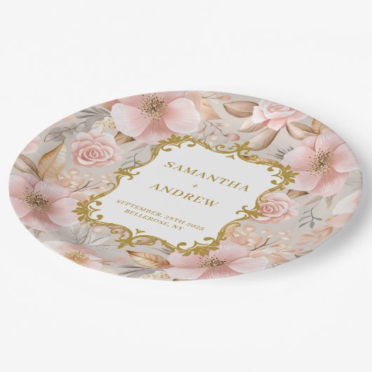 Moderne Blush Gold Hochzeitspapier-Teller Pappteller (Schrägansicht)