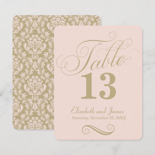 Moderne Blush-Gold-Script-Hochzeitsskripte-Tischnu Einladung (Vorne/Hinten)