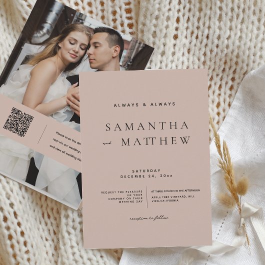 Moderne Blush-Klassiker QR-Code Foto-Hochzeit Einladung