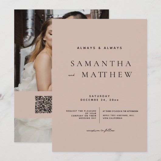 Moderne Blush-Klassiker QR-Code Foto-Hochzeit Einladung (Vorne/Hinten)
