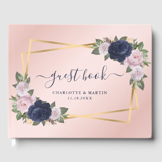 Moderne Blush Navy Blue Gold Geometric Wedding Gästebuch (Vorderseite)