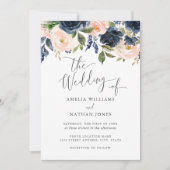 Moderne Blush Navy Wasserfarbe Blumenhochzeit Einladung (Vorderseite)