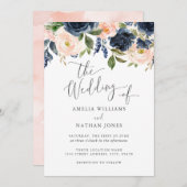 Moderne Blush Navy Wasserfarbe Blumenhochzeit Einladung (Vorne/Hinten)
