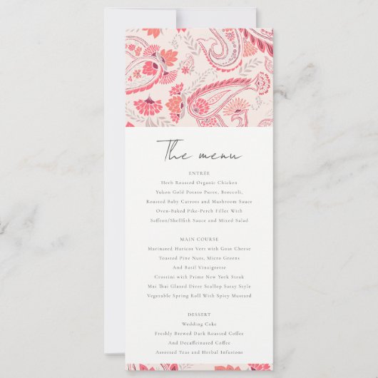 Moderne Blush Paisley Typografy Wedding Menu Card Einladung (Vorderseite)