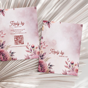 Moderne Blush-Pink-Blumen-Hochzeit mit QR-Code Rom RSVP Karte