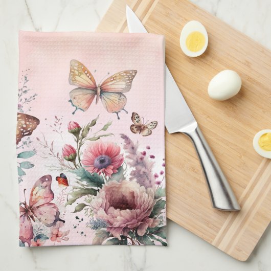 Moderne Blush Pink Butterfly Wilde Blume Geschirrtuch (Viertel Falte)
