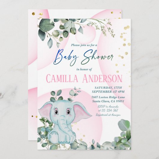 Moderne Blush Pink Elephant Greenerenery Babydusch Einladung (Vorne/Hinten)