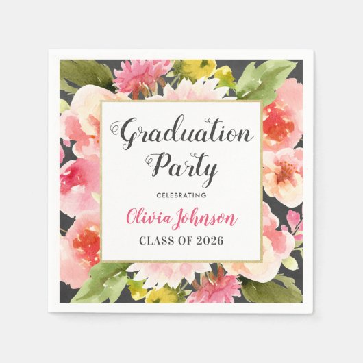Moderne Blush Pink Floral Border Graduation Party Serviette (Vorderseite)