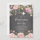 Moderne Blush Pink Floral & Gold Cross Bestätigung Einladung (Vorderseite)