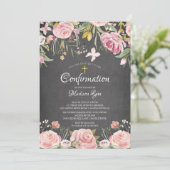 Moderne Blush Pink Floral & Gold Cross Bestätigung Einladung (Stehend Vorderseite)
