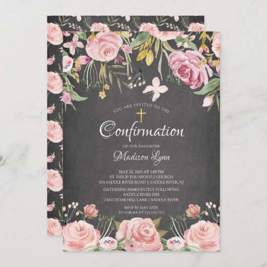 Moderne Blush Pink Floral & Gold Cross Bestätigung Einladung (Vorne/Hinten)