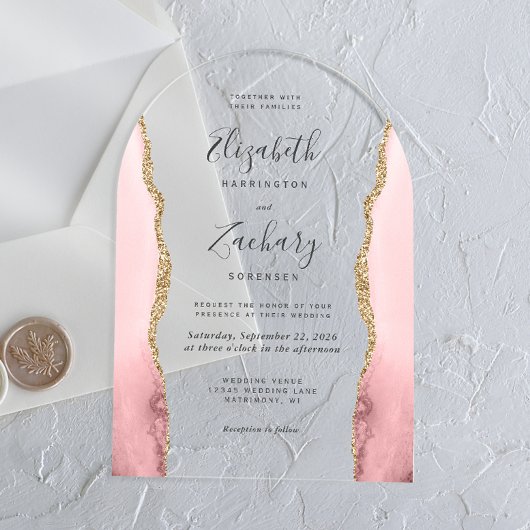 Moderne Blush Pink Gold Agate Arch Hochzeit Acryleinladungen