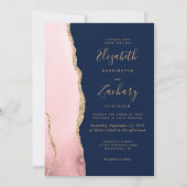 Moderne Blush Pink Gold Agate Navy Blue Wedding Einladung (Vorderseite)