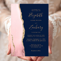 Moderne Blush Pink Gold Agate Navy Blue Wedding