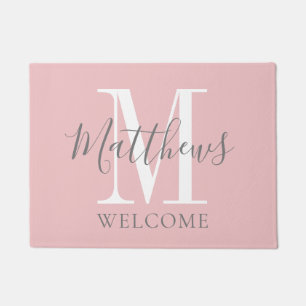 Moderne Blush Pink Gray Monogram Newlyweds Hochzei Fußmatte