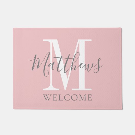 Moderne Blush Pink Gray Monogram Newlyweds Wedding Fußmatte (Vorderseite)