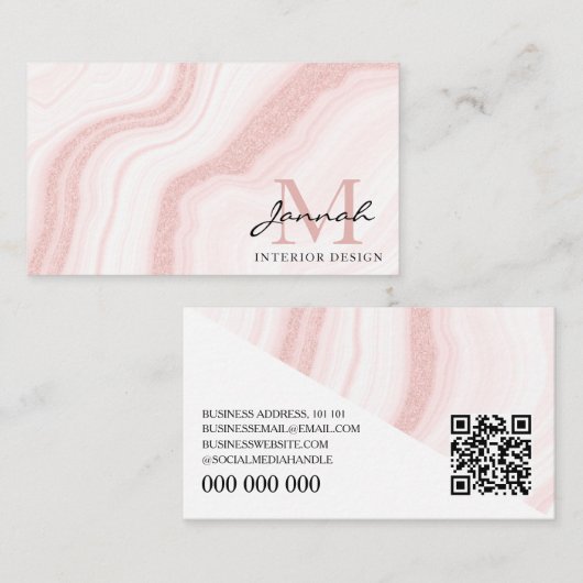 Moderne Blush-Pink-Marmor-QR-Code-Inneneinrichtung Visitenkarte (Vorne/Hinten)