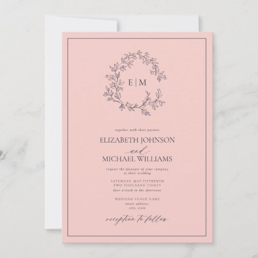 Moderne Blush Pink Navy Blue Monogram Wedding Einladung (Vorderseite)