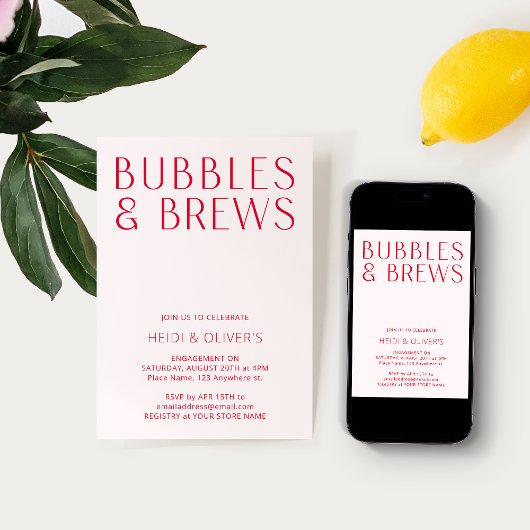 Moderne Blush Pink & Red Bubbles & Brews Verlobung Einladung