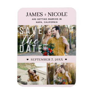 Moderne Blush-Pink Save-the-Date-Hochzeit 3 Fotos Magnet