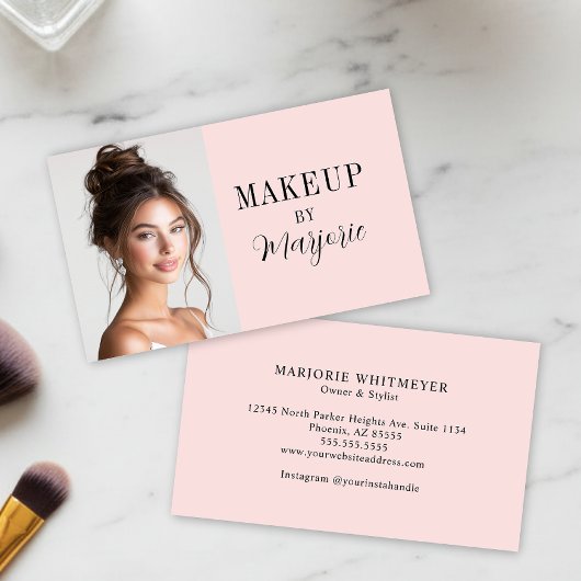 Moderne Blush-Pink-Schwarze Schrift Foto-Make-up Visitenkarte
