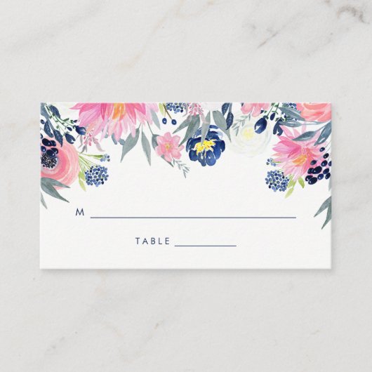 Moderne Blush Pink und Navy Floral Wedding Escort Platzkarte (Vorderseite)