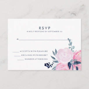 Moderne Blush Pink und Navy Floral Wedding RSVP Karte