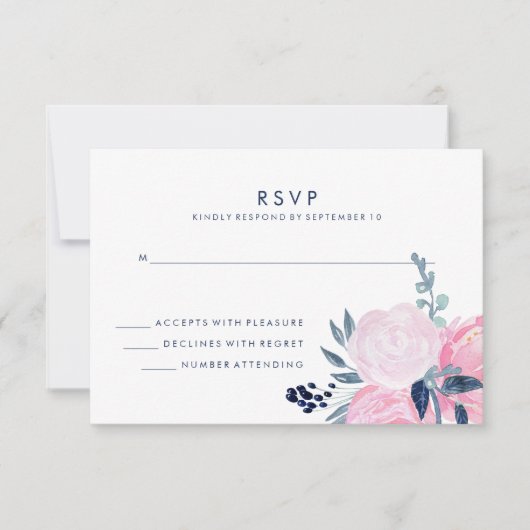 Moderne Blush Pink und Navy Floral Wedding RSVP Karte (Vorderseite)