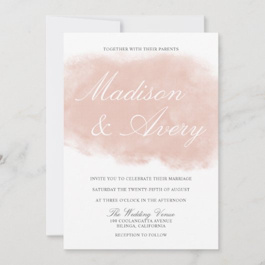 Moderne Blush Pink Watercolor Splash Hochzeit Einladung (Vorderseite)