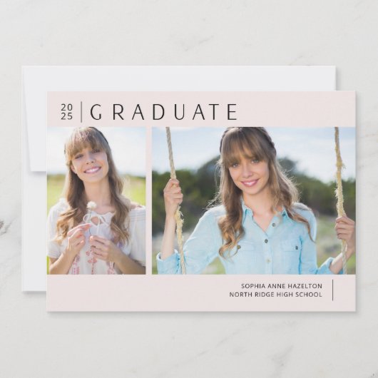 Moderne Blush Pink Zwei-Foto-Graduierungsparty Einladung (Vorderseite)