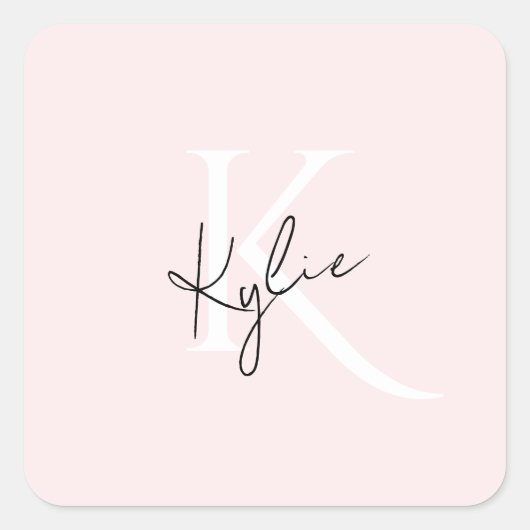 Moderne Blush-Rose Personalisiert Monogramm Name - Quadratischer Aufkleber (Vorderseite)