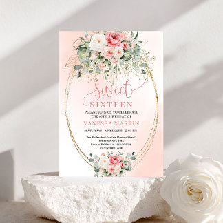 Moderne Blush-Roségold-Blumen-Sweet-Sixteen-Karte Einladung