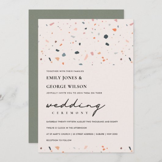 MODERNE BLUSH RUST TERRAZZO PATTERN WEDING INVITE DANKESKARTE (Vorne/Hinten)