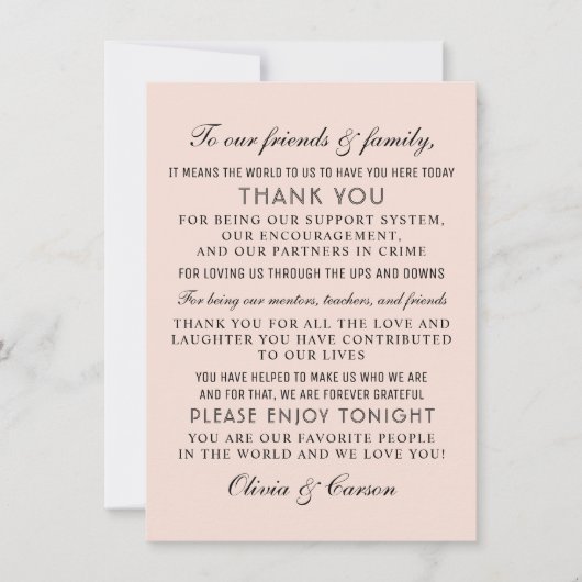 Moderne Blush- und Black Script-Hochzeitsgast Dankeskarte (Vorderseite)