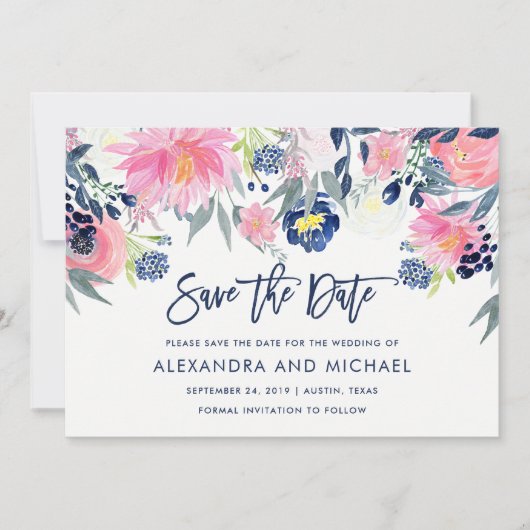 Moderne Blush- und Navy-Floral-Hochzeit retten das Save The Date (Vorderseite)