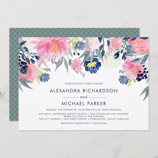 Moderne Blush- und Navy-Floral-Hochzeit | Version Einladung (Vorne/Hinten)