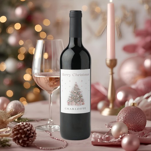 Moderne Blush-Weihnachtsbaum-Weinetikett Weinetikett