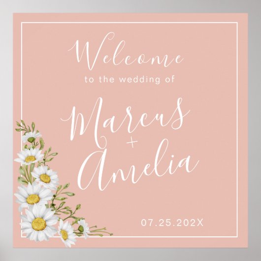 Moderne Blush & White Daisies Hochzeit Willkommen Poster (Vorne)