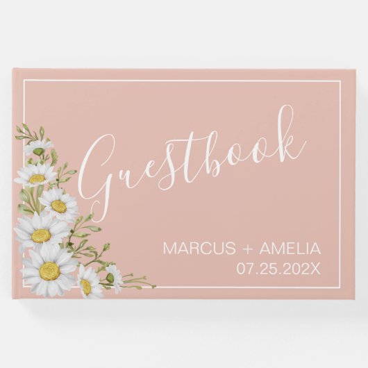 Moderne Blush & White Daisies Wedding Gästebuch (Vorderseite)