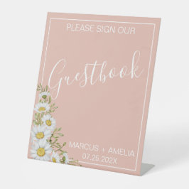 Moderne Blush & White Daisies Wedding Gästebuch Sockelschild
