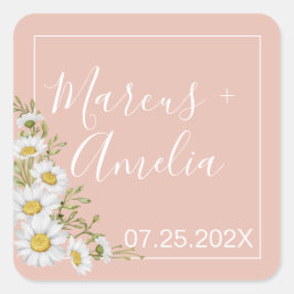Moderne Blush & White Daisise Hochzeit Quadratischer Aufkleber