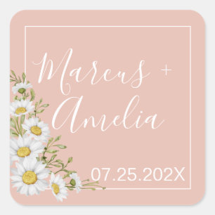 Moderne Blush & White Daisise Hochzeit Quadratischer Aufkleber